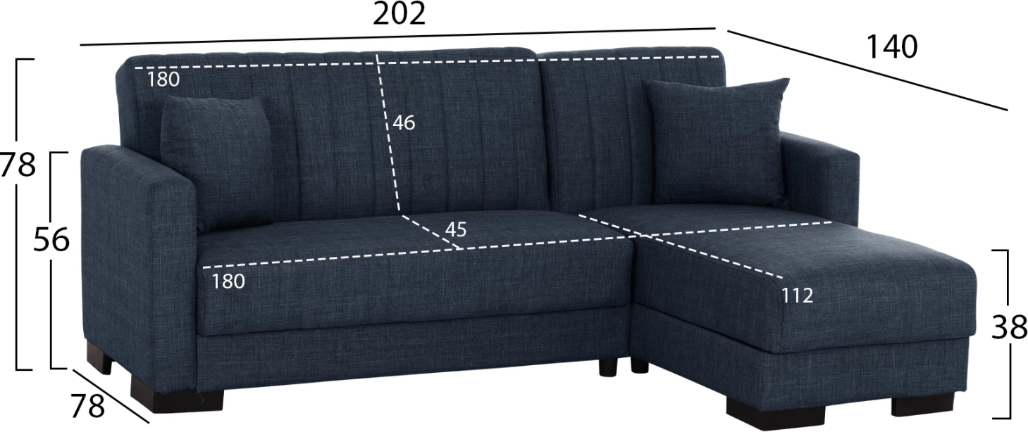 Divan qoshe me shtrat GHUFRAN FH3244.07, i kthyeshëm me hapësirë magazinimi, pëlhurë blu, 200x133x77 cm