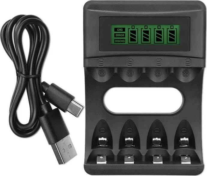 Karikues baterish Qoltec 50654, Ni-MH/Ni-Cd, 4 vende, me ekran LCD, i zi