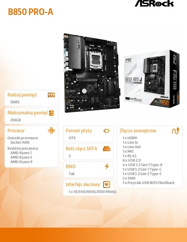 Pllakë amë ASRock B850 PRO-A, Socket AM5, DDR5, ATX