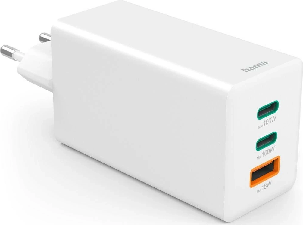 Karikues Hama mini 100W GaN PD/QC 2x USB-C, 1x USB-A bardhë