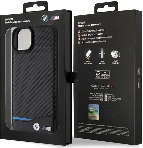 Mbështjellës BMW Leather Carbon për iPhone 15 Plus, i zi
