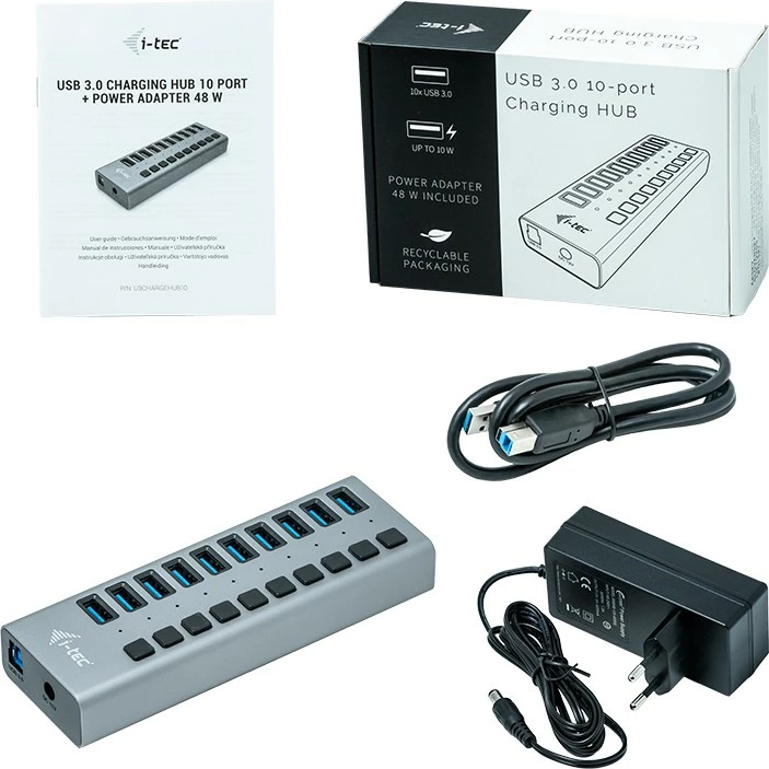USB HUB i-tec U3CHARGEHUB10, 10 porta USB 3.0, aktiv, gri