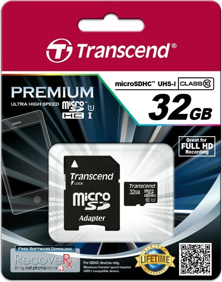 Kartelë memorie Transcend microSDHC 32GB, Class 10, UHS-I, me adapter, e zezë/kuqe