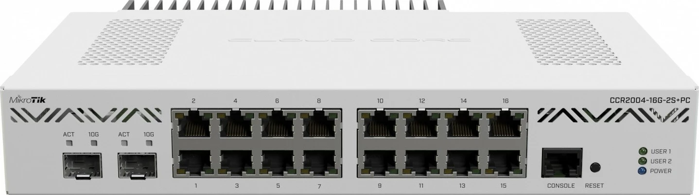 Router me tela MikroTik CCR2004-16G-2S+PC, 16 porta Gigabit, 2 porta SFP+, i bardhë