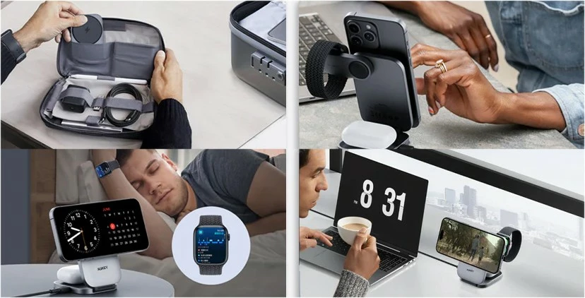 Karikues wireless 3-në-1 AUKEY LC-MC312 MagSafe Qi2, 15W + Karikues PD 30W, Gri, me etui