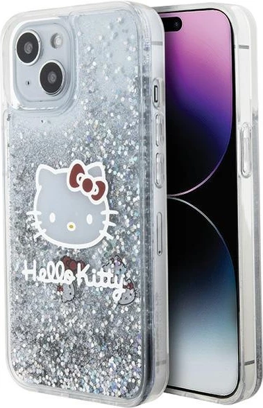 Mbështjellës Hello Kitty Liquid Glitter Charms Kitty Head për iPhone 15, argjend