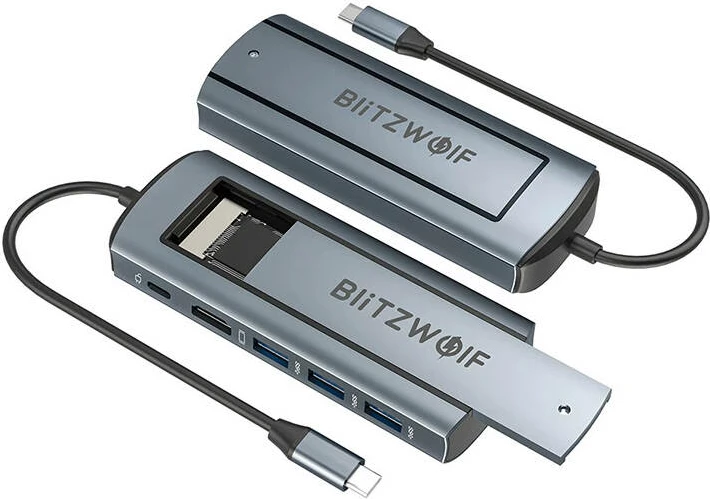 Adapter HUB 6-në-1 BlitzWolf BW-Neo TH13, USB 3.0, USB-C PD 100W, SSD Slot, Argjend