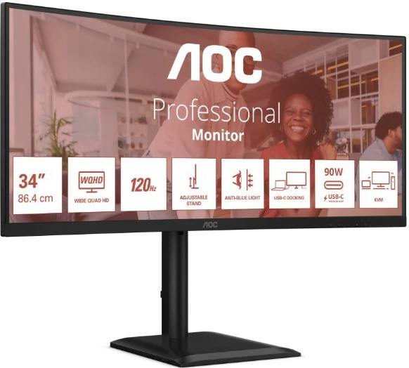 Monitor i lakuar AOC CU34E4CV 34'' WQHD 3440x1440 120Hz VA HDR10 USB-C 90W KVM HDMIx2 DP RJ45 Altoparlantë, i zi