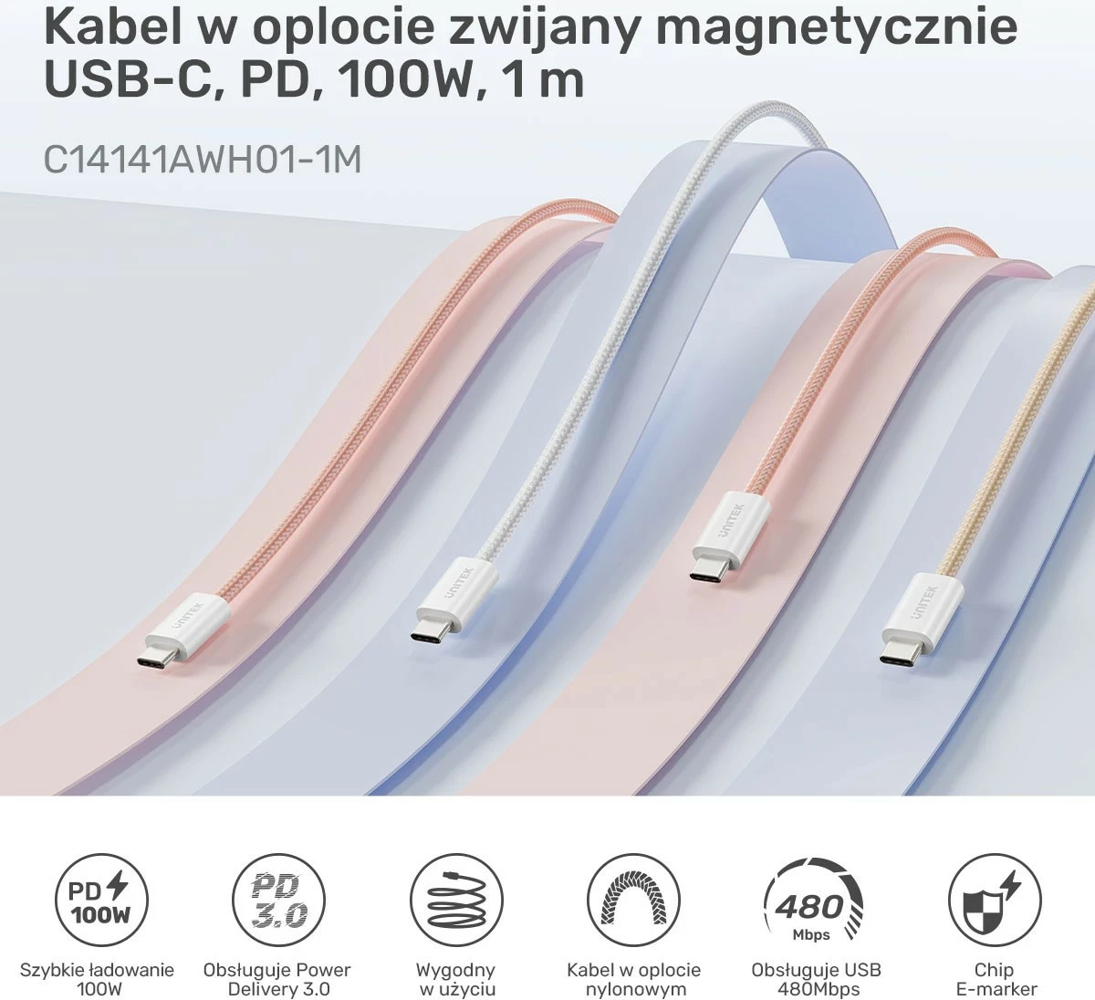 Kabëll Unitek USB-C PD 100W, 1m, bardhë