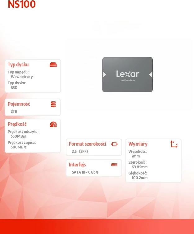 SSD Lexar NS100, 2TB, 2.5 inç, SATA III, Gri