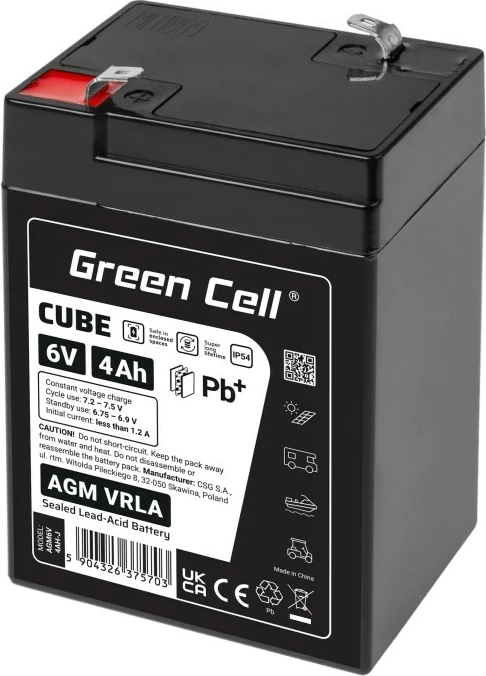 Bateri AGM VRLA, Green Cell, AGM6V4AH-J, 6V 4Ah, IP54, 101x70x47 mm, e zezë