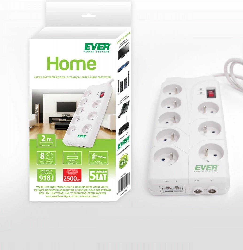 Listë elektrike EVER T/LZ05-HOM019/0000, 8 prizë, 2M, e bardhë