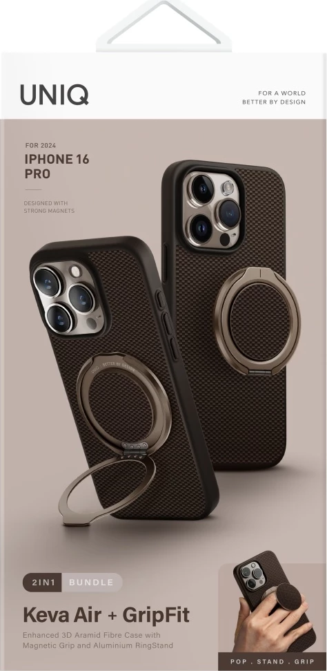 Mbështjellës UNIQ Keva Air Magclick Charging GripFit për iPhone 16 Pro, Kafe
