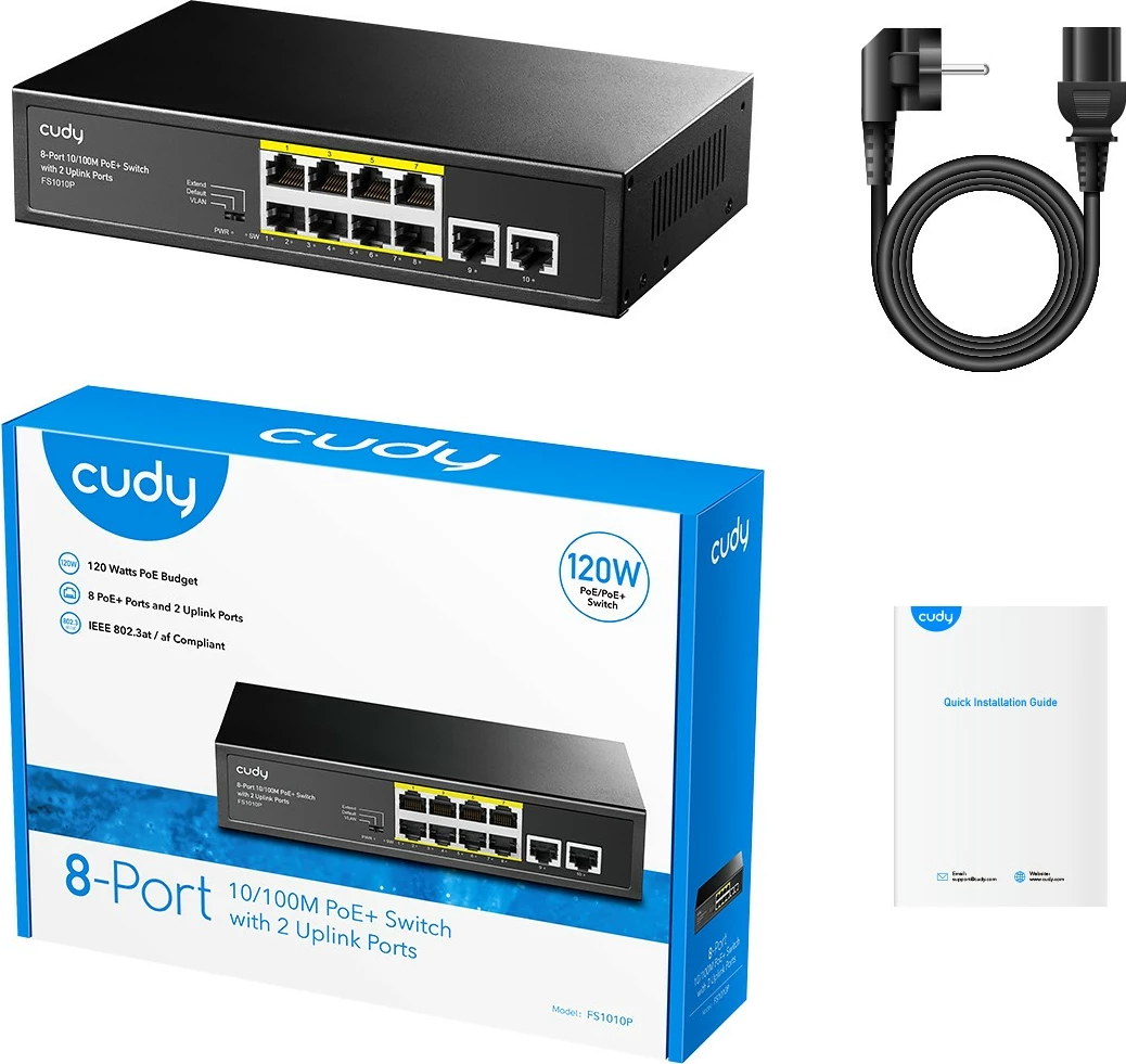 Switch Cudy FS1010P PoE+ 8xFE me 2 porta uplink 120W desktop