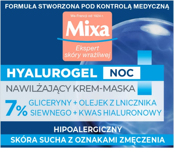 Krem-masque natës për fytyrë MIXA Hyalurogel Night Moisturizing Cream-Mask Night Repair për femra, 50ml