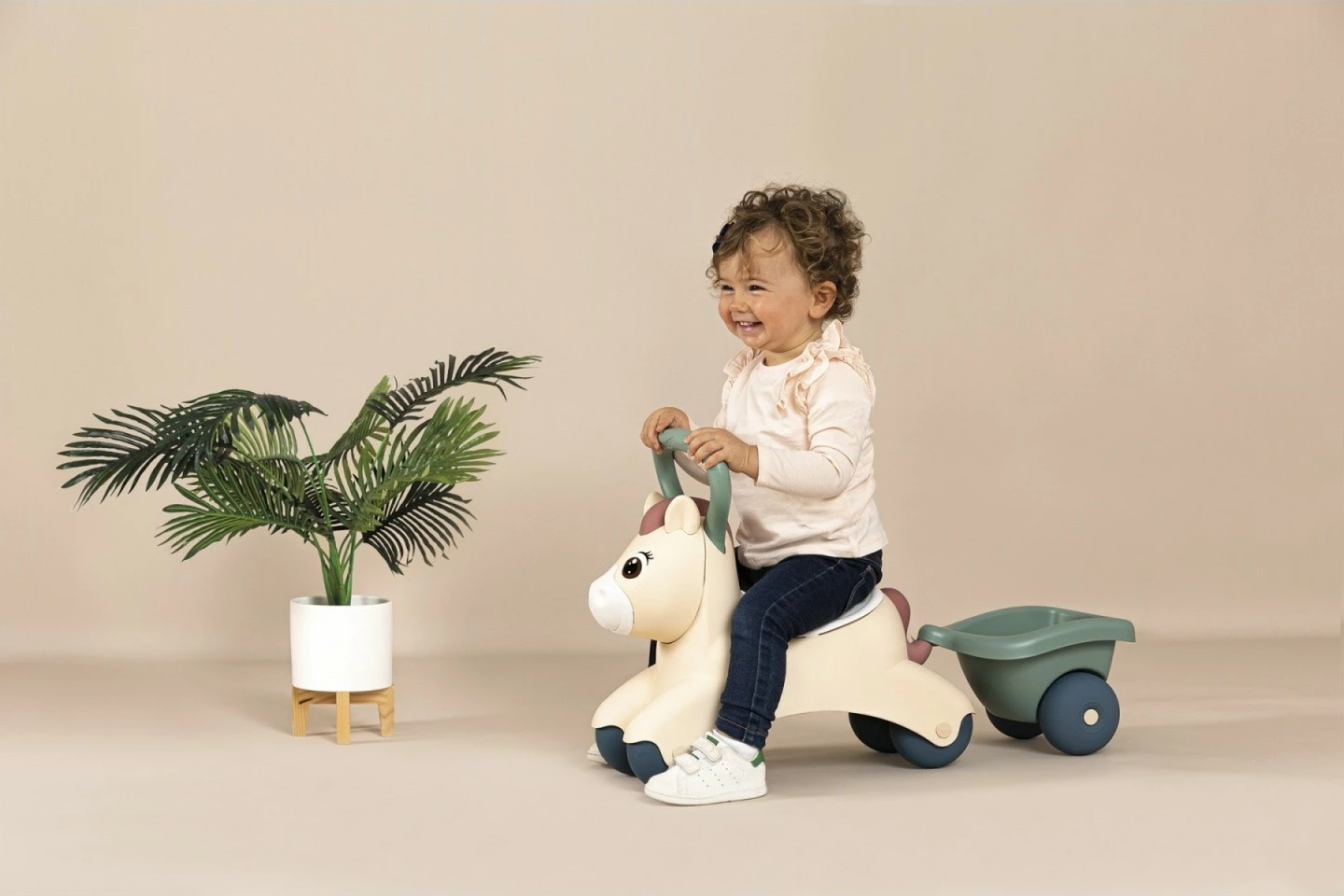Jezdik lodër Smoby Baby Pony 7600140502, plastikë, bezhë/gri/e bardhë, me rimorkio