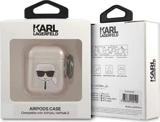 Mbështjellës Karl Lagerfeld KLA2UKHGD për AirPods 1/2, Glitter Karl`s Head, Gold