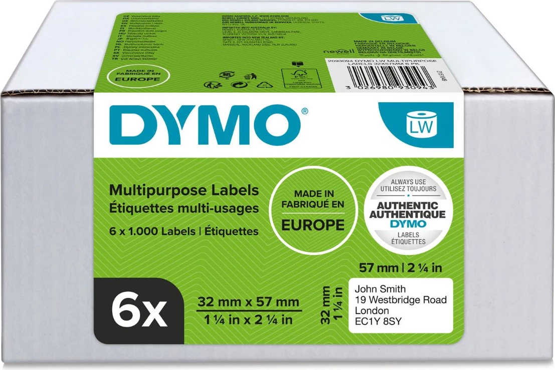 Etiketa ngjitëse, Dymo, 2093094, 32 x 57 mm, 6 x 1000 etiketa, bardhë, 6-Pack