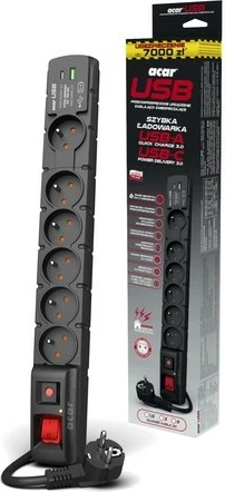 Prizë me mbrojtje nga mbingarkesa Acar S6 USB A+C, 6 dalje, 5m, 2 porta USB, e zezë