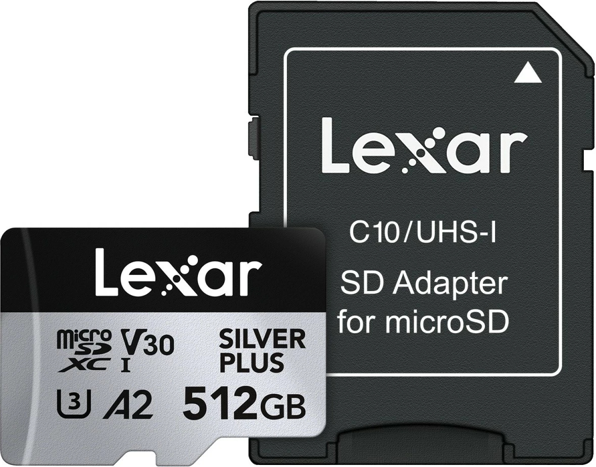 Kartë memorjeje microSD Lexar LMSSIPL512G-BNANG 512GB C10 A2 U3 V30 205/150MB/s Silver Plus, argjendtë, me adapter SD