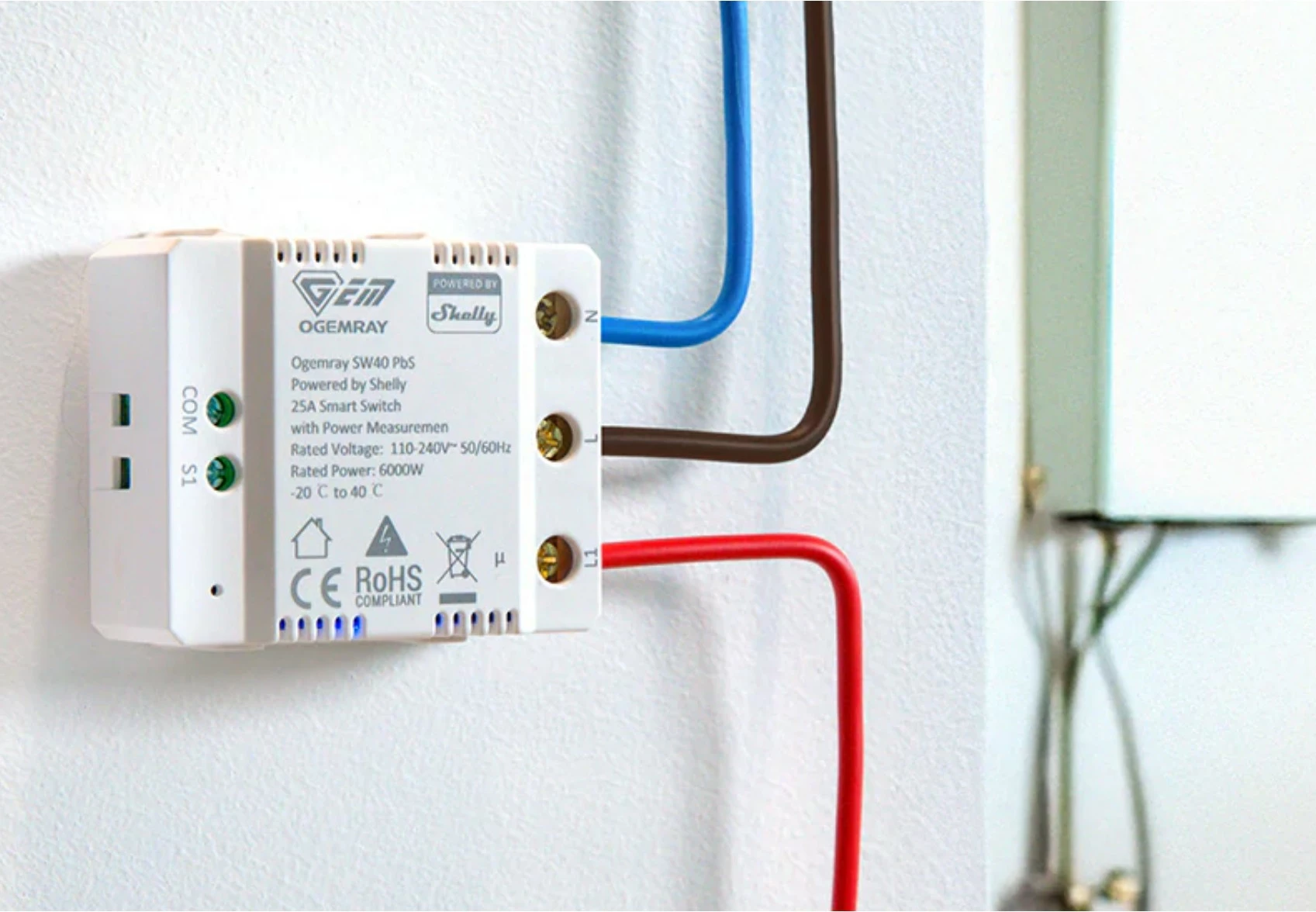 Relé i mençur Shelly PbS Ogemray 25A, Wi-Fi, Bluetooth, i bardhë