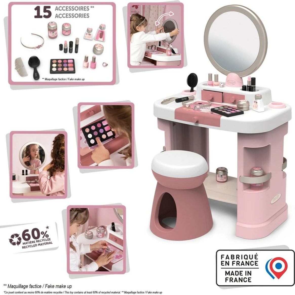 Tavolinë grimi lodër Smoby My Beauty Dressing Table me 15 aksesorë, Rozë/Ari/E bardhë