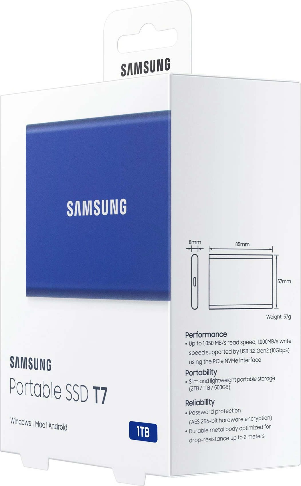 SSD portabël Samsung T7, 1 TB, USB Type-C, 3.2 Gen 2, Blu