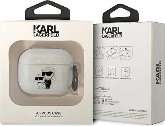 Mbështjellës Karl Lagerfeld KLA3HNKCTGT për AirPods 3, Glitter Karl&Choupette, Transparent me unazë
