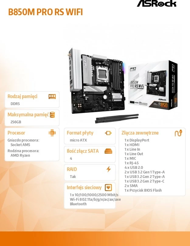 Pllakë amë ASRock B850M PRO RS WIFI, Socket AM5, 4x DDR5, micro ATX