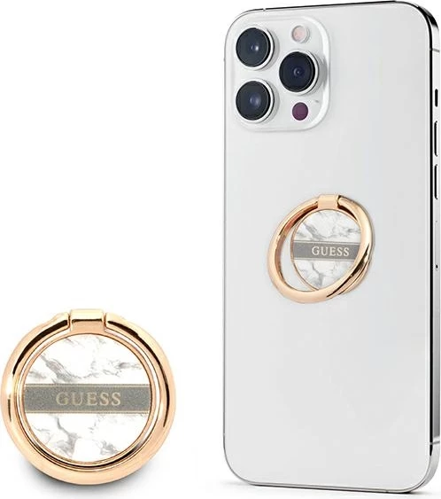 Mbajtëse unazë Guess Marble Collection për celular, metal, e bardhë