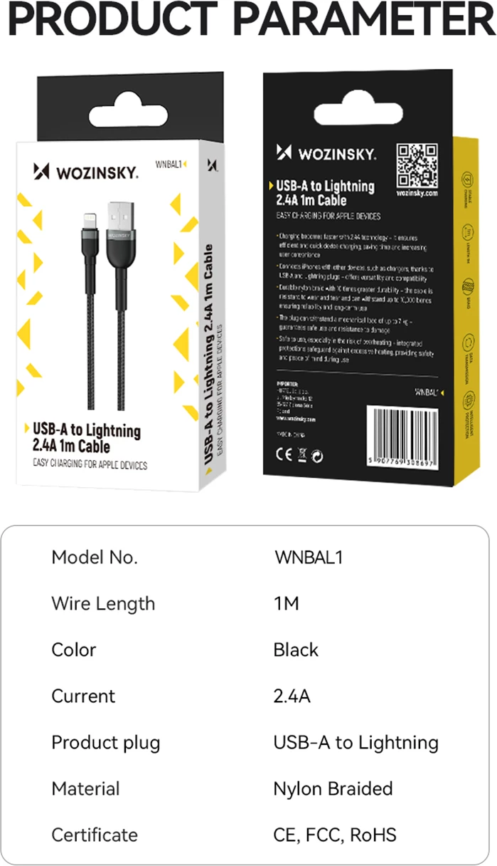 Kabllo karikimi Wozinsky WNBAL1, USB-A në Lightning, 1 m, najlon, e zezë