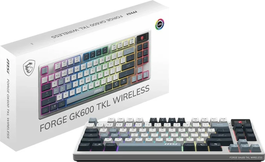 Tastierë gaming MSI FORGE GK600 TKL SKY US, me ndriçim RGB, me ose pa kabllo, Blu/Gri/Bardhë