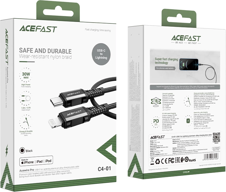 Kabllo Acefast C4-01, USB-C në Lightning, 1.8m, 30W, e zezë