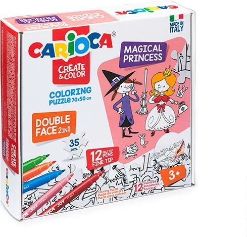 Puzzle ngjyrosës Carioca 2-në-1 "Magical Princess" 35 copë, 70x35cm, me markerë