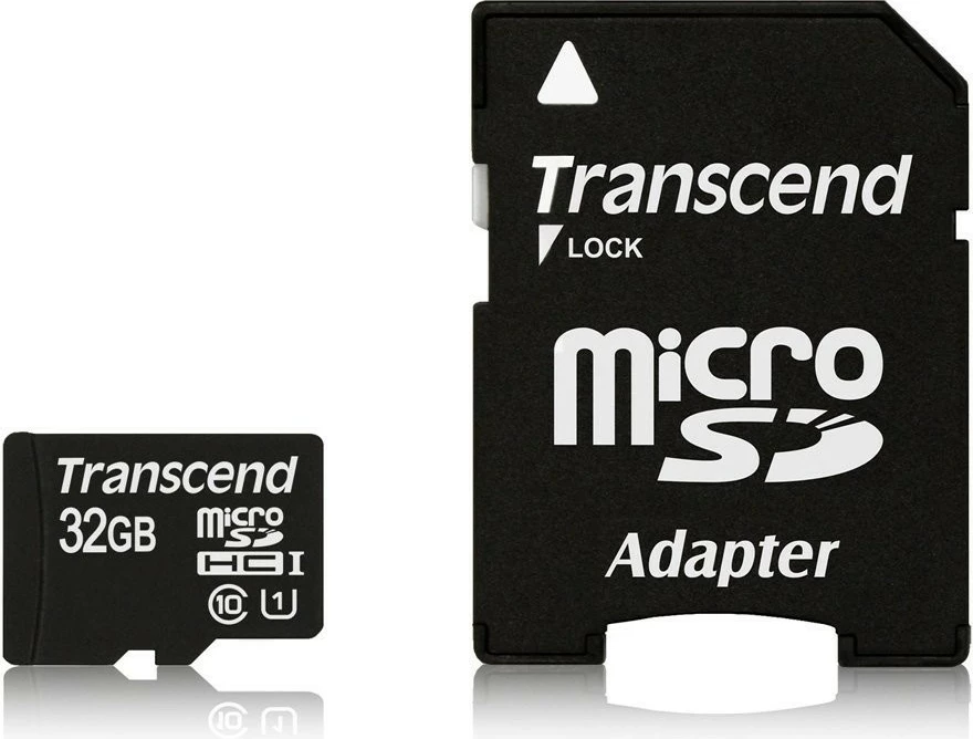 Kartelë memorie Transcend microSDHC 32GB, Class 10, UHS-I, me adapter, e zezë/kuqe