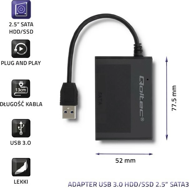 Kasë e jashtme Qoltec 50644 për HDD/SSD 2.5", USB 3.0, SATA III, e zezë