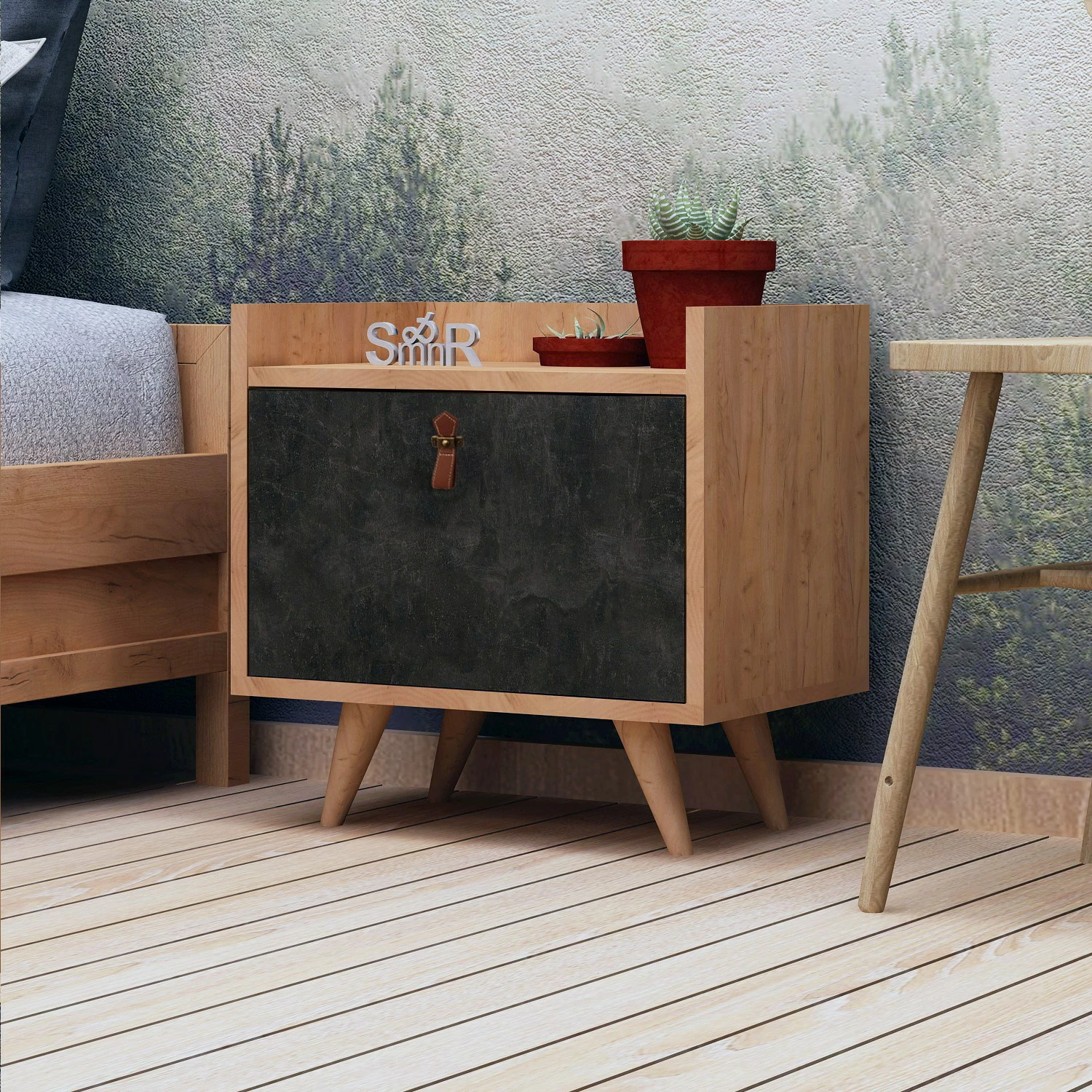 Komodinë moderne Juuna, ngjyrë lis dhe gri e errët