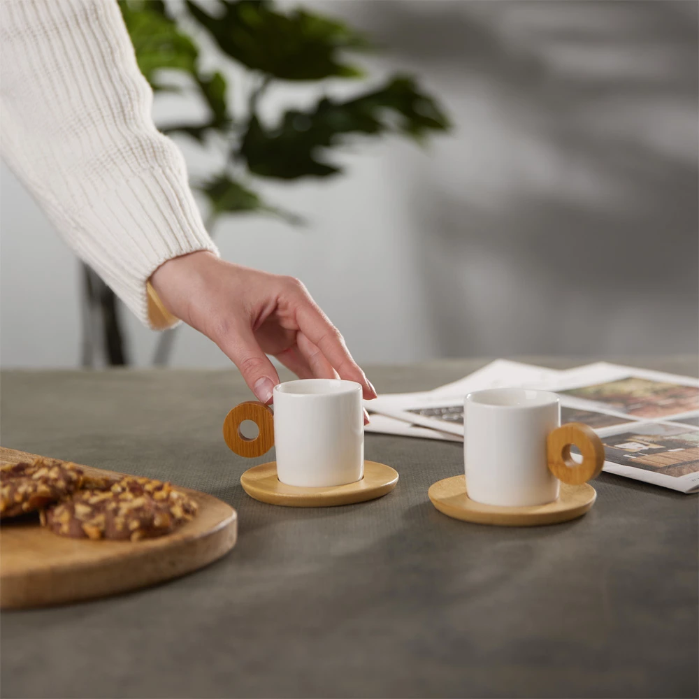 Set 2 filxhanë Nordic, porcelan i bardhë, bambu natyral, 20x14x7cm