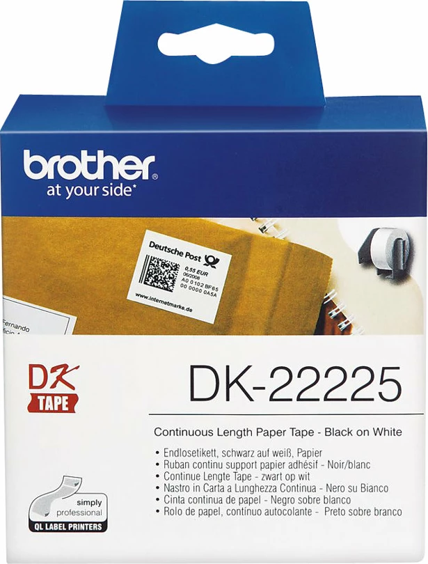 Letër etiketa Brother DK-22225, 38mm, 30.48m, e zezë mbi të bardhë