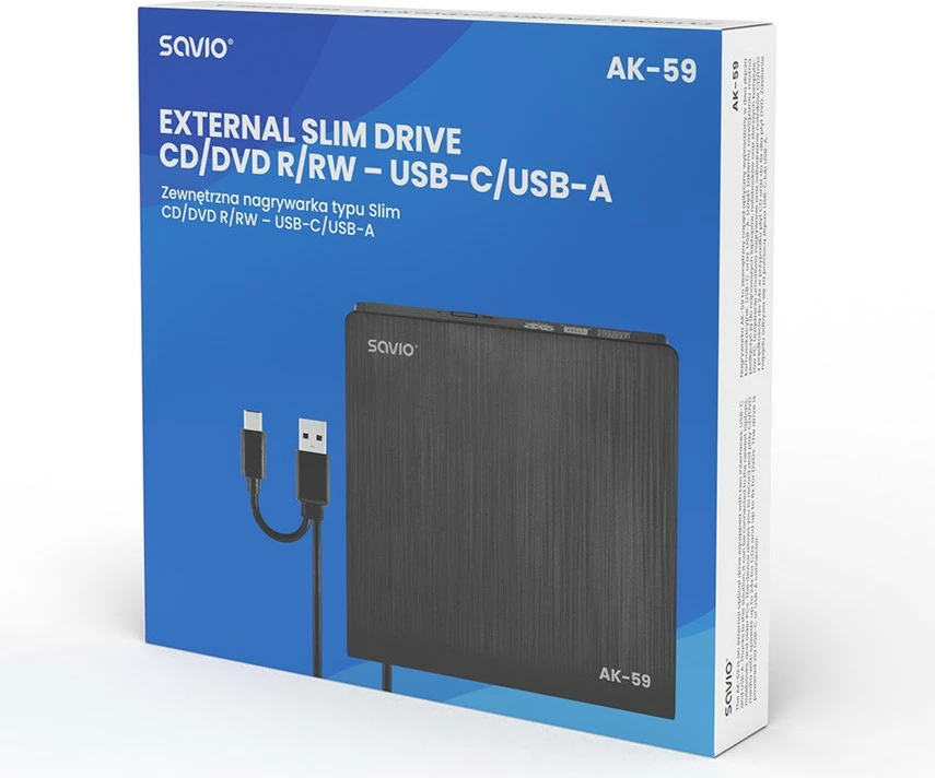 Lexues/shkrues i jashtëm CD/DVD Savio AK-59, USB-C/USB-A, i zi