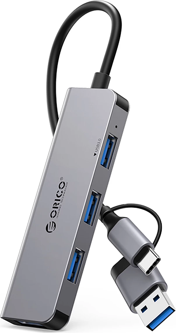 Kasë Orico YSA5-U3, 4 porta USB (3x USB-A 2.0, 1x USB-A 3.0), kabllo 2-në-1 USB-C/USB-A, Gri