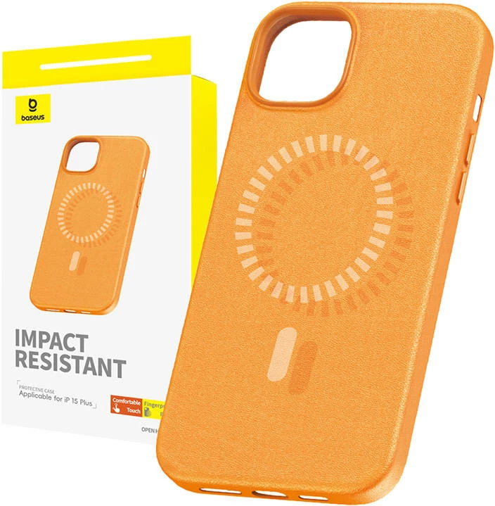 Mbështjellës magnetik për celular Baseus Fauxther Series për iPhone 15 Plus, portokalli