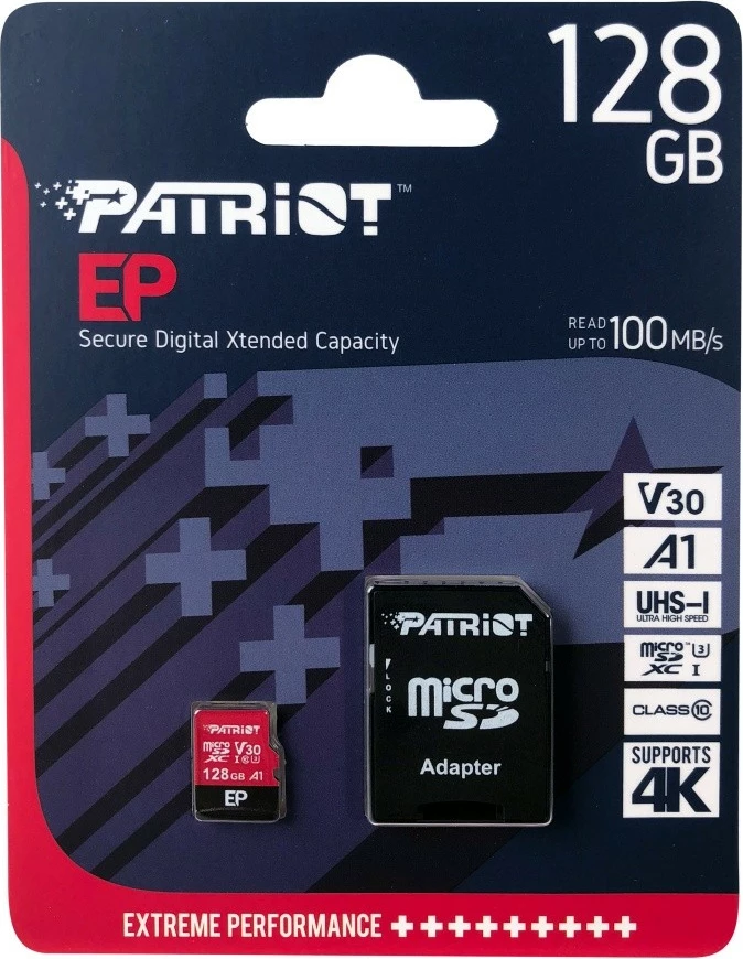 Kartelë memorie microSDXC Patriot EP, 128GB, me adapter, V30, Class 10, U3, e kuqe