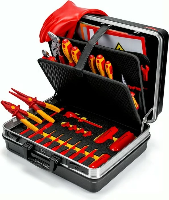 Kasë veglash Knipex Basic E-Mobilitaet, 4 çelësa, me pincë, kaçavida, ngjyrë e zezë/e kuqe/e verdhë