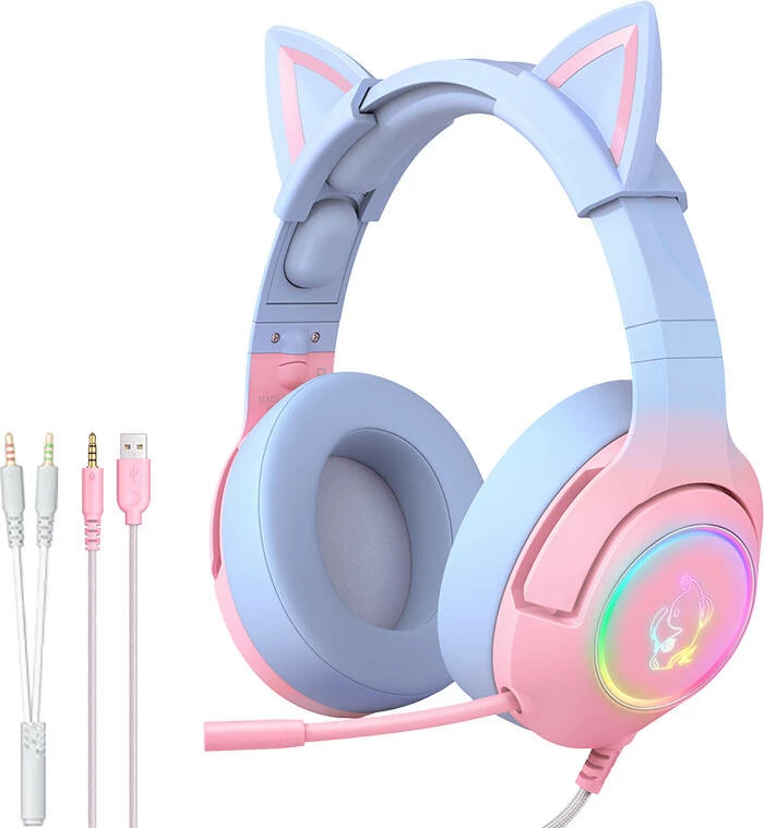 Kufje gaming ONIKUMA K9 me mikrofon, pink-blue, me veshë maceje, RGB