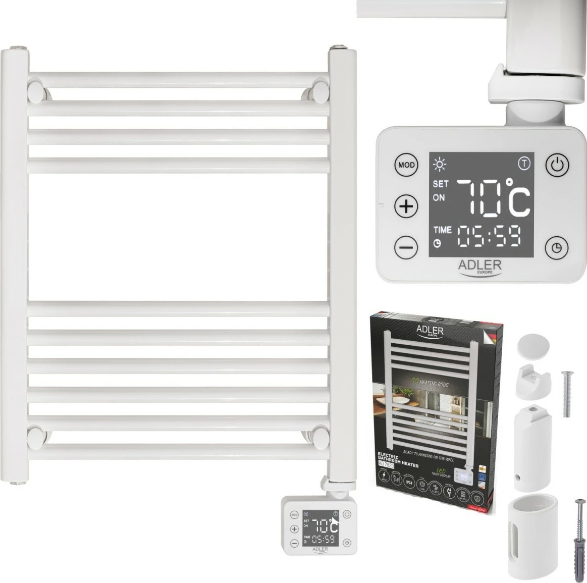 Ngrohës banjo elektrik, Adler AD 7823, 400 W, panel me prekje LED, timer 24h, IP24, i bardhë