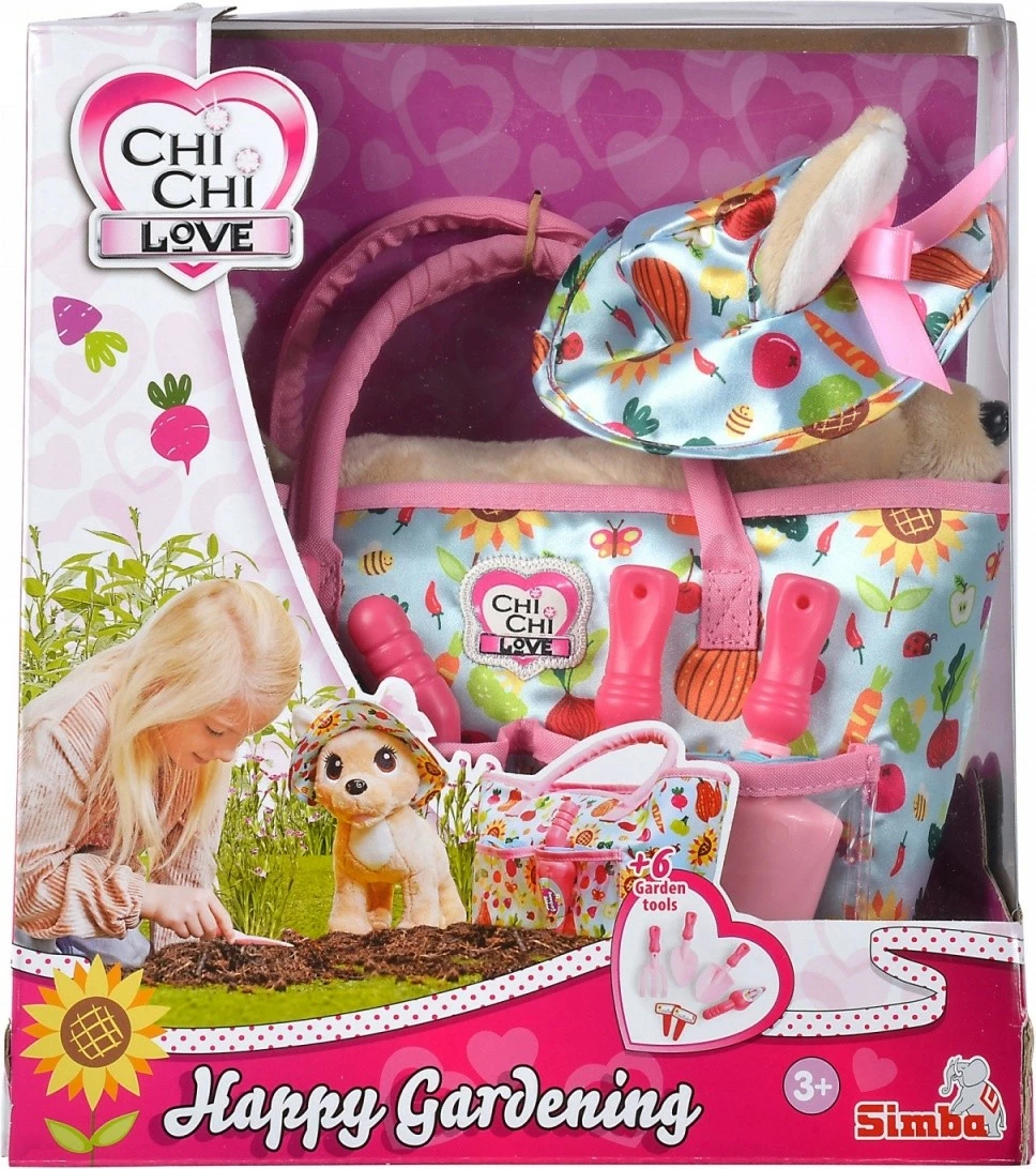 Lodër pelushi Chi Chi Love Puppy Mascot Happy Gardener me çantë dhe 6 aksesorë, shumëngjyrëshe