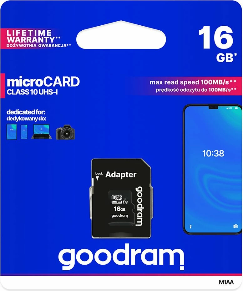 Kartelë memorie microSDHC Goodram M1AA-0160R12, 16 GB, me adapter, e zezë