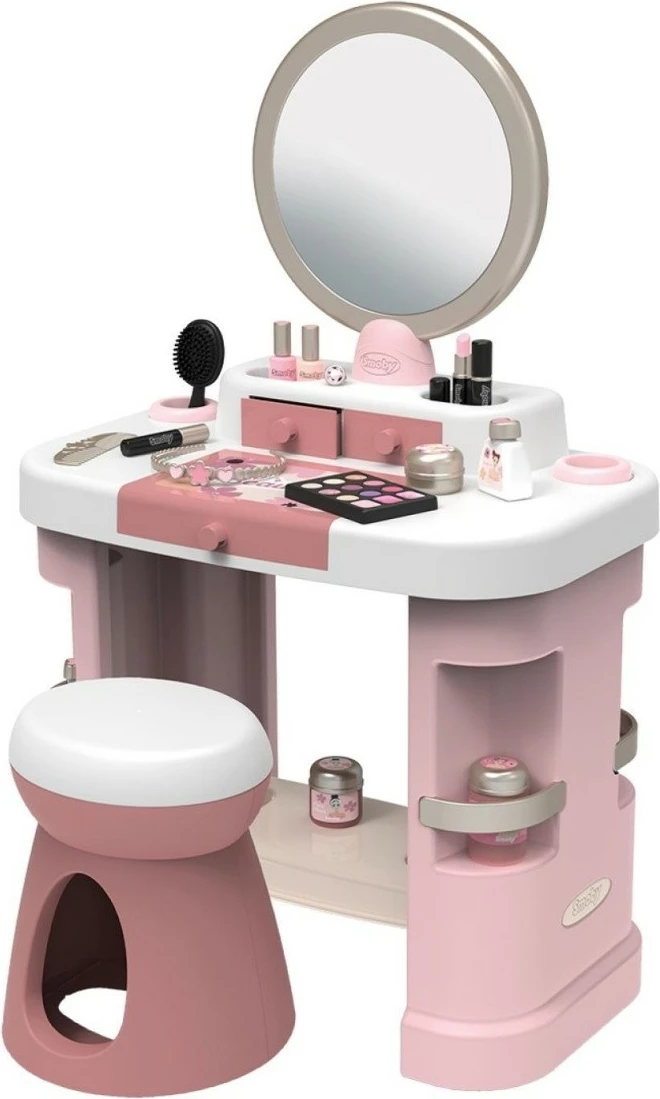 Tavolinë grimi lodër Smoby My Beauty Dressing Table me 15 aksesorë, Rozë/Ari/E bardhë