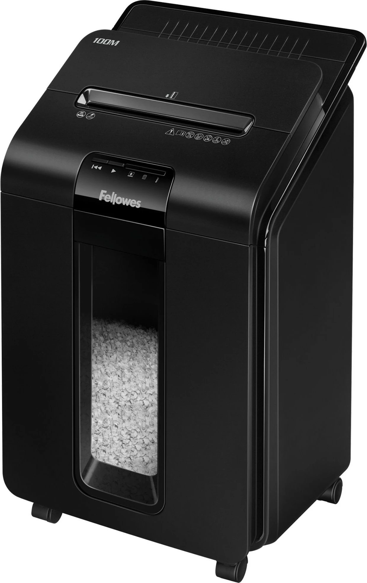 Shredder Fellowes AutoMax 100M, prerje grimcash, 23 L, 175 fletë, 4 rrota, e zezë